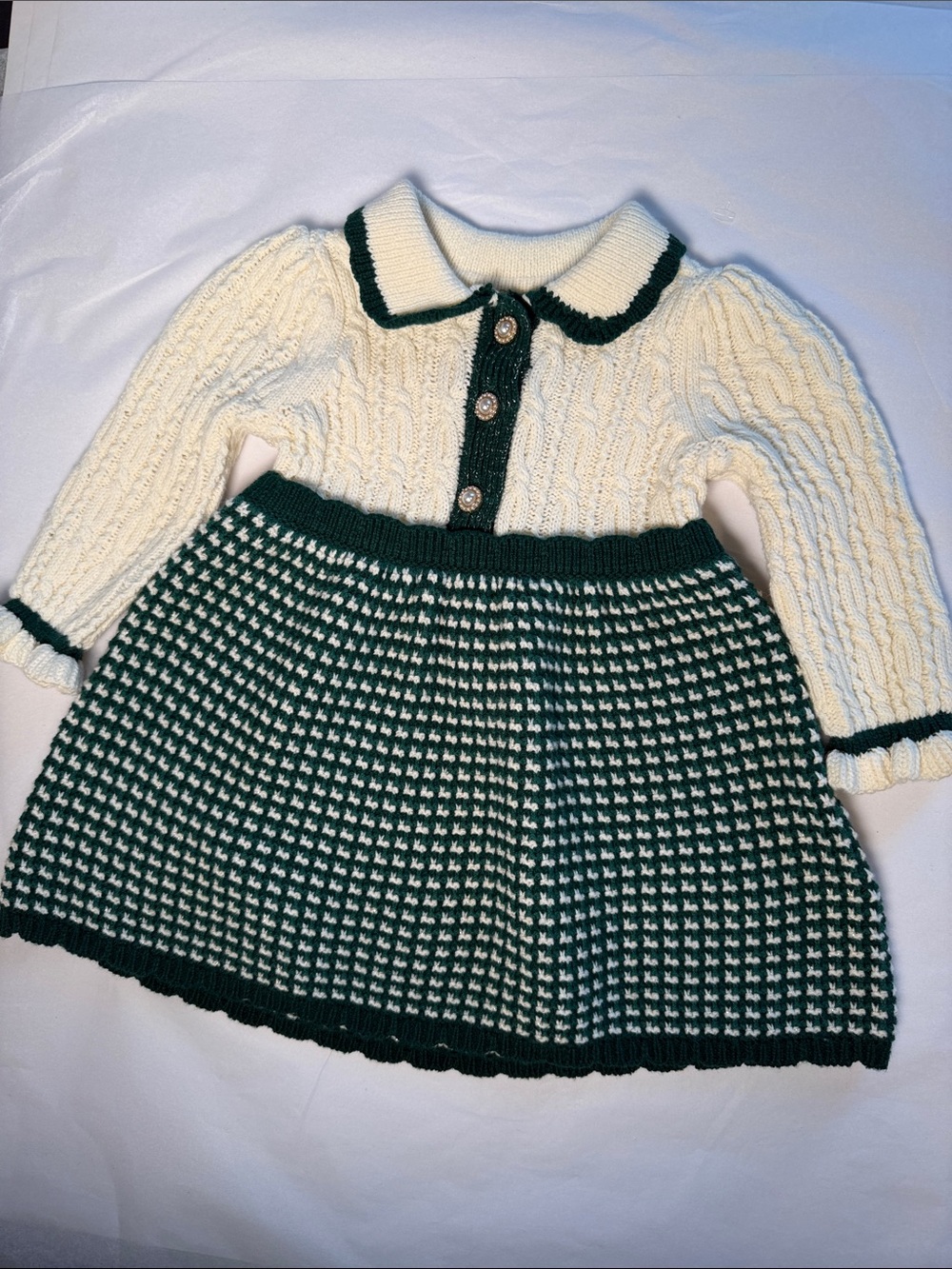 Adorable Max Studio Baby Cream & Dark Green Knit Collared Holiday Dress